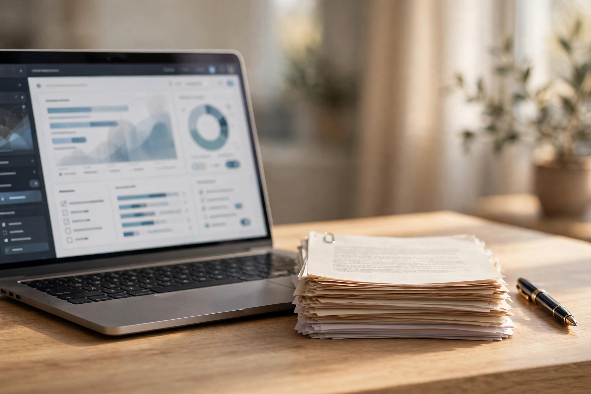 Comparativa entre analizar una multa con inteligencia artificial y acudir a un abogado o gestor: portátil junto a documentos legales sobre una mesa de despacho