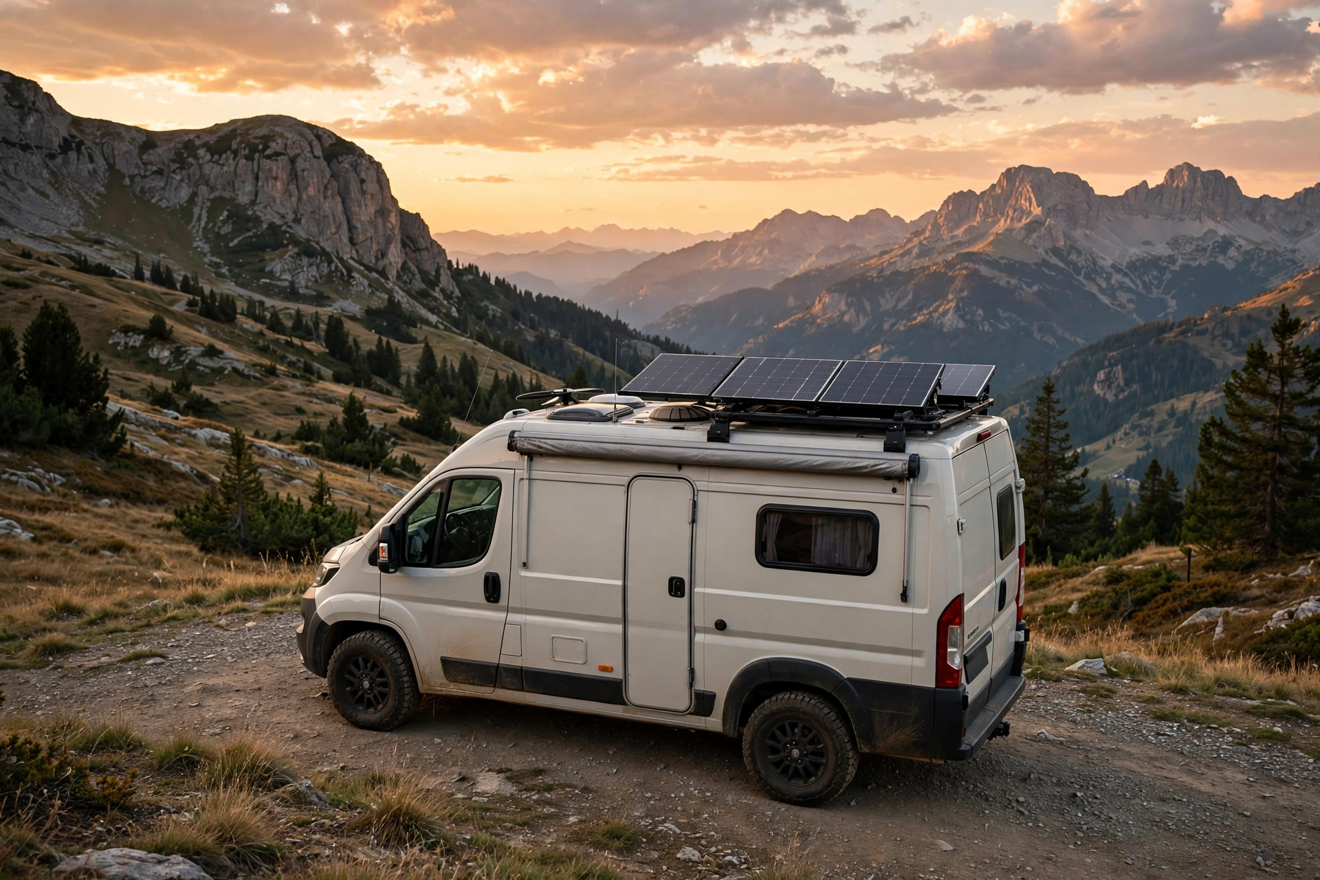 Furgoneta camper con paneles solares en la montaña
