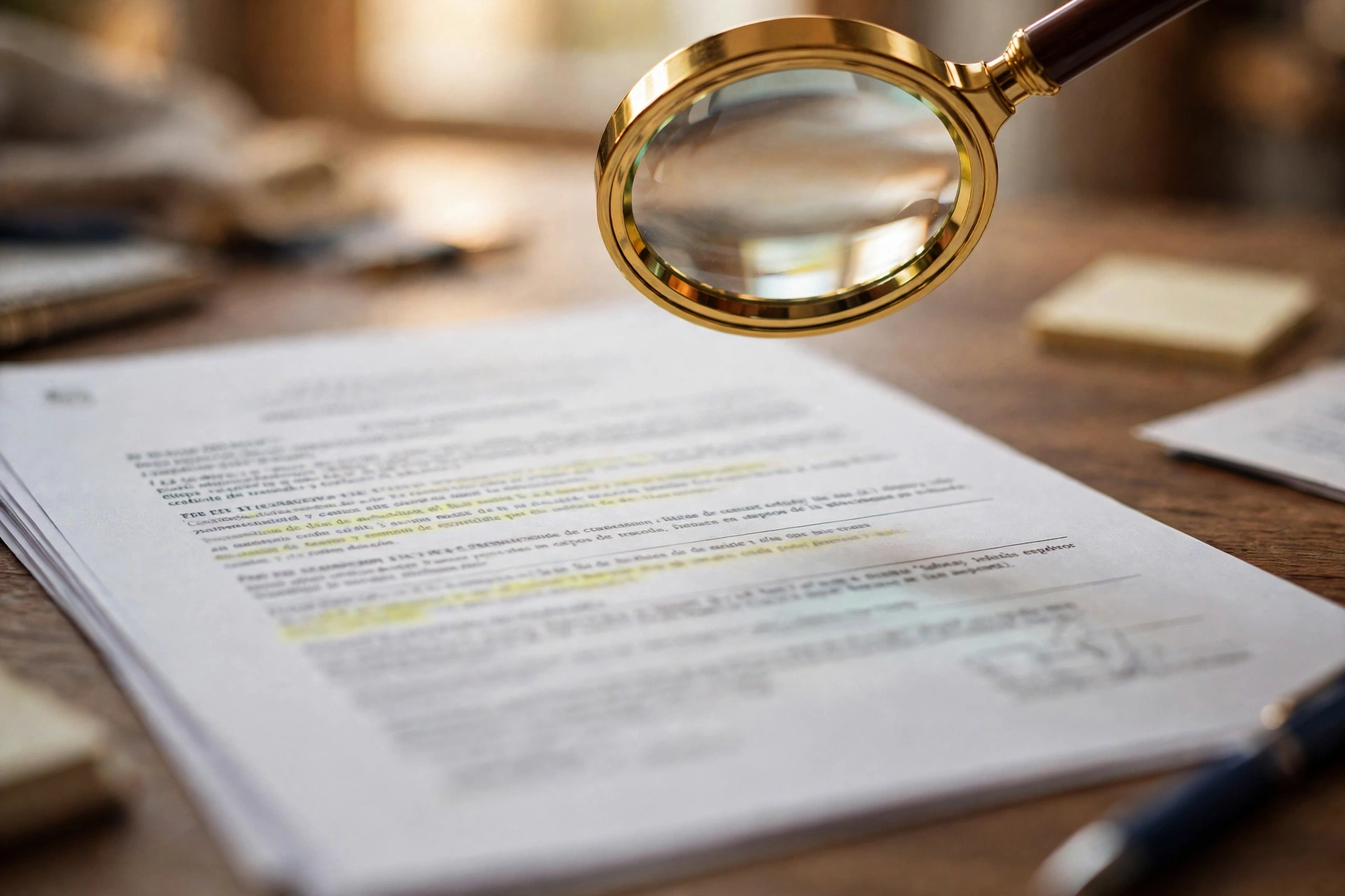 Lupa sobre una denuncia de tráfico con términos legales resaltados