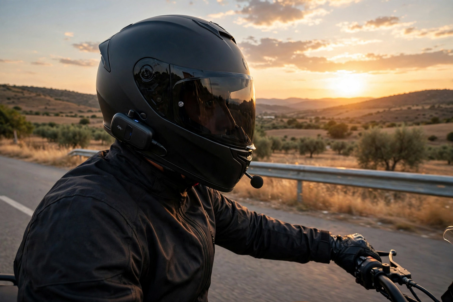 Motorista con casco integral e intercomunicador integrado circulando por una carretera española