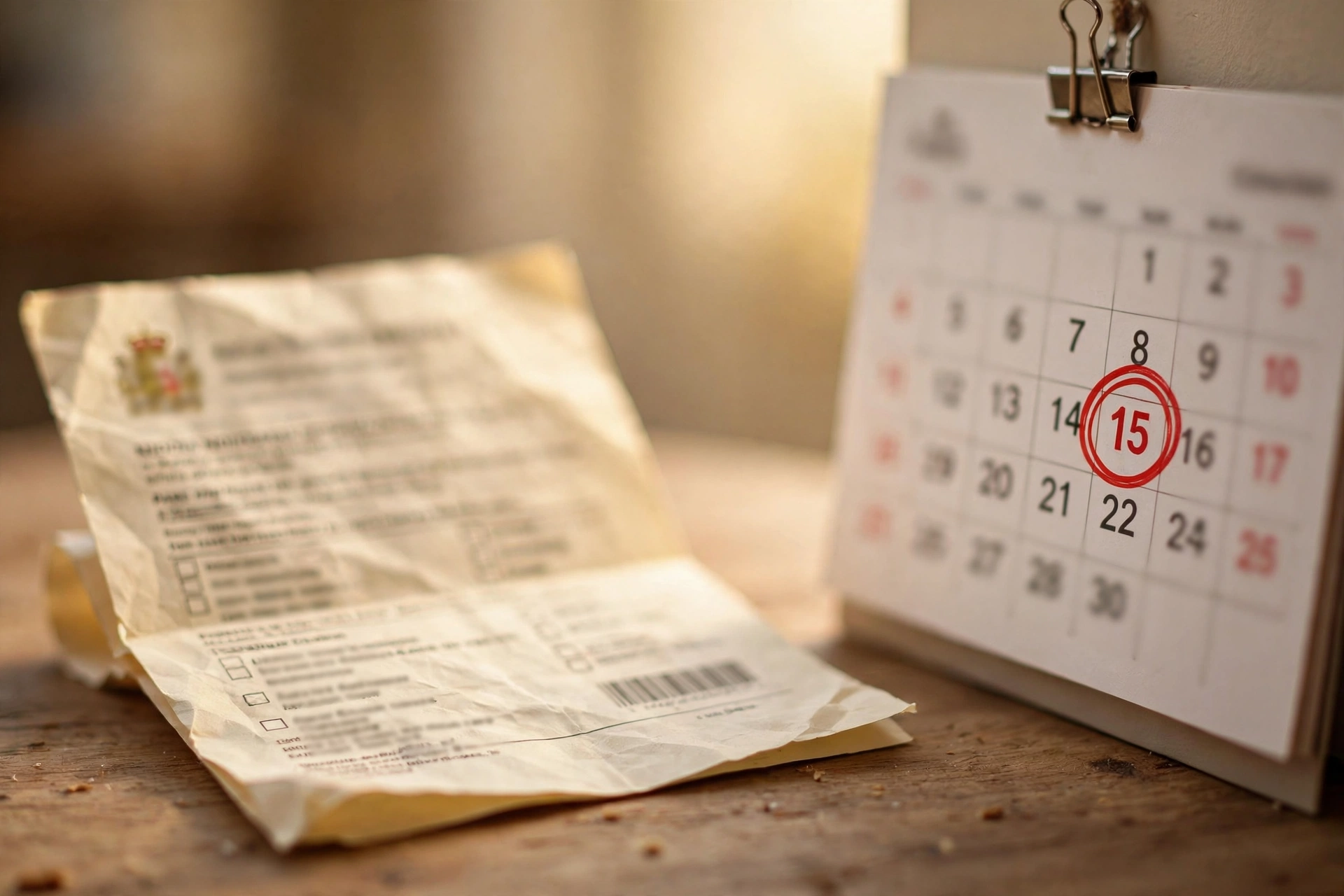 Notificación de multa de tráfico sobre una mesa junto a un calendario con la fecha límite señalada