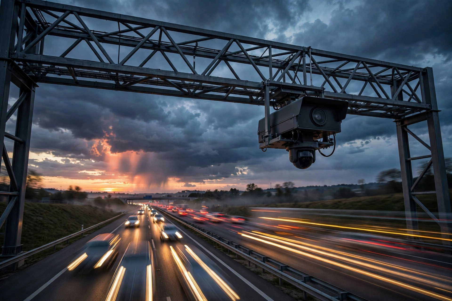 Radar de velocidad en un pórtico de una autopista española al atardecer